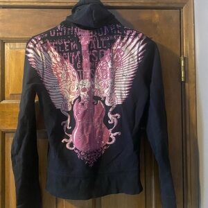 DKNY Jeans zip up skull guitar angel wings hoodie